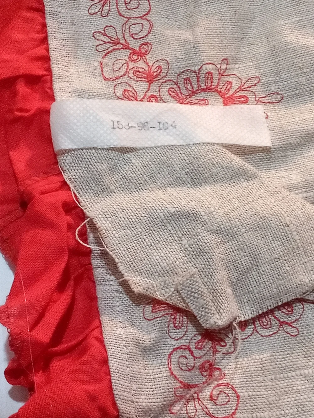 Vintage Russia 1960 Beige/Red Floral Embroidered Ruffled Bib Apron  Linen/Cotton
